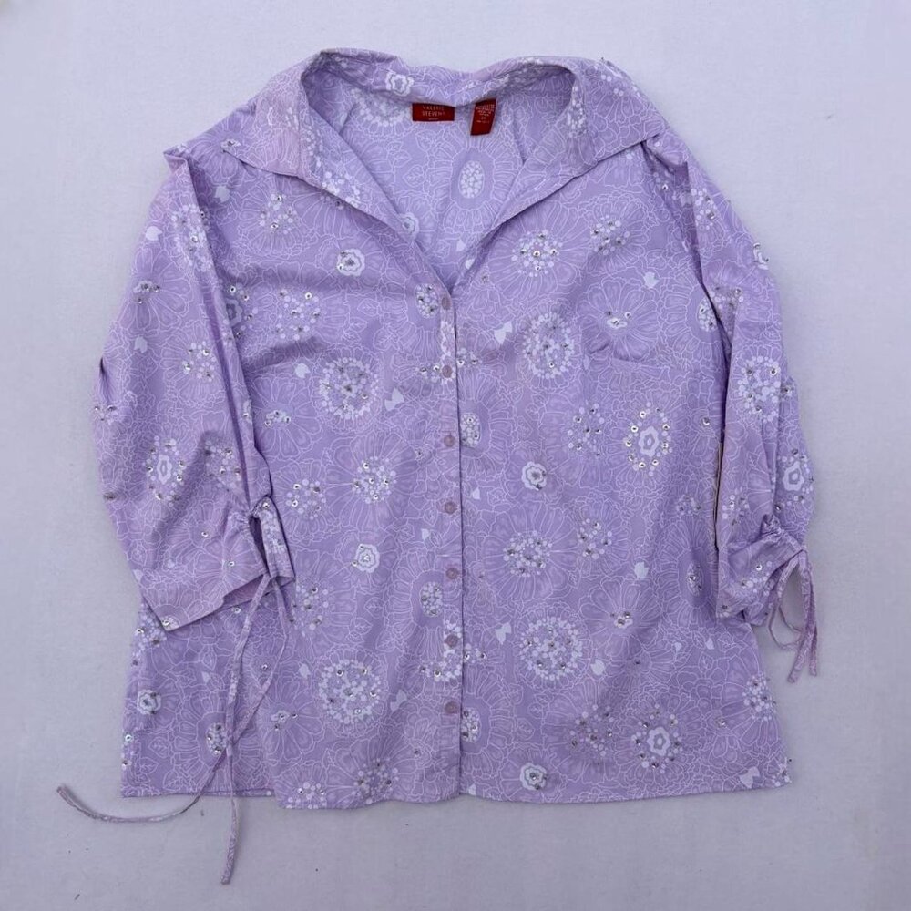 NWT Valerie Stevens Lilac Sequin Floral Button-Up Blouse Plus Size 3X Spring